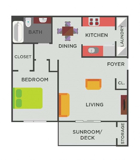 Floor plan for 1 bed, 1 bath, 835 sqft